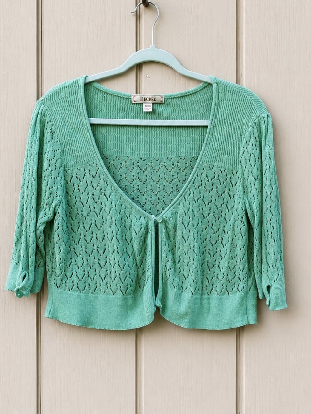 Decree Mint Green Pointelle Knit Cropped Cardigan XL USA 100% Cotton Cottagecore